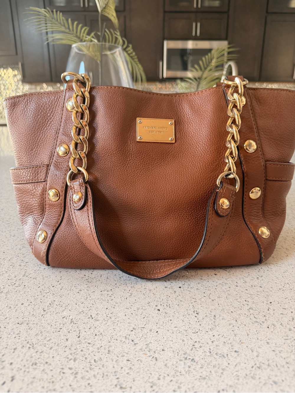 Michael Kors Cognac Leather Shoulder Tote with Gold Chain Straps